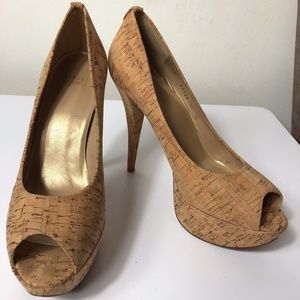 Stuart Weitzman Natural Cork Peep Toe Pumps